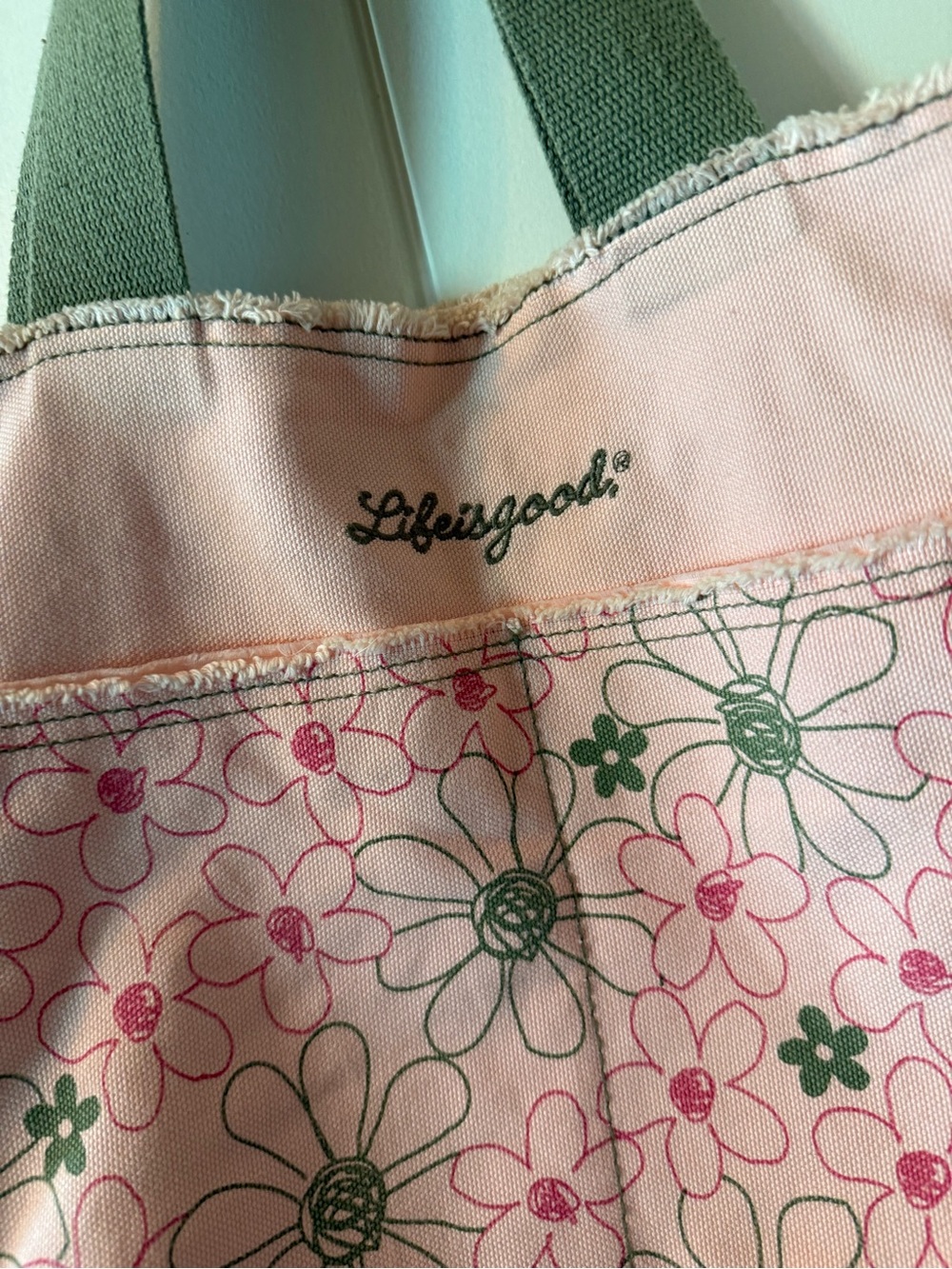 Life Is Good Pink Floral Canvas Tote with Green Handles 100% cotton - Picture 2 of 9